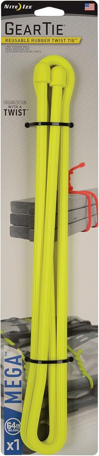 Nite Ize Gear Tie Mega, The Original Reusable Rubber Twist Tie Mega-Sized, 2X Bigger + Stronger For Heavy Duty Projects, 64-Inch, Neon Yellow, Made in the USA