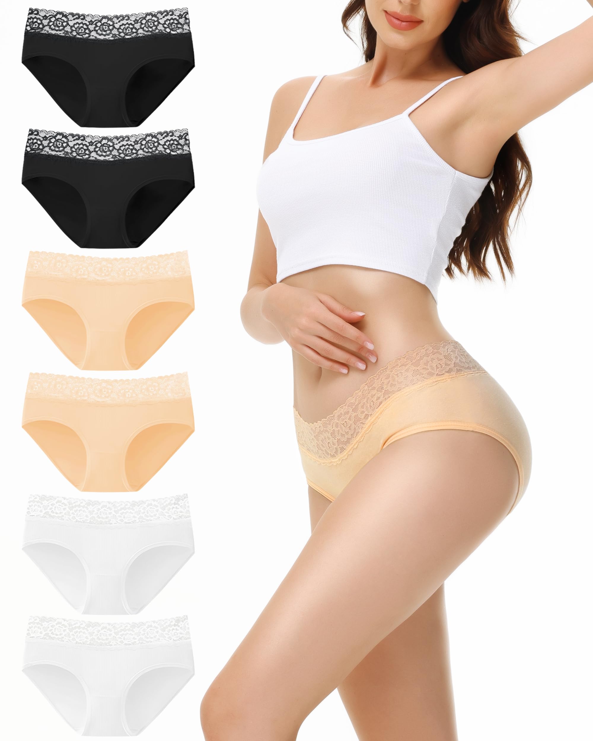 EKSHER Damen Unterwäsche Baumwoll Slips 6er Pack Sportunterhosen Sexy Spitze Unterhosen Schlüpfer Mittel Taille Hipster Pantys Schwarz Weiß Hautfarbe XS