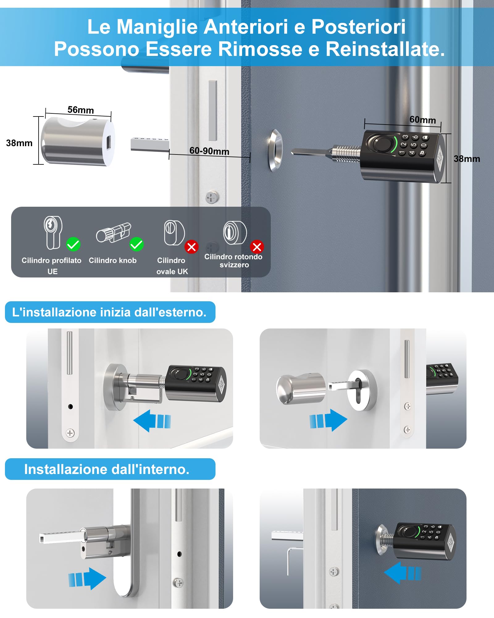 WELOCK ToucA71 Serratura Smart Porta Blindata,Serratura Impronta Digitale con Password,Carta RFID,APP e WiFi,serratura porta blindata Facile Installazione,Cilindro per porte da 60-90mm,Smart Lock IP65