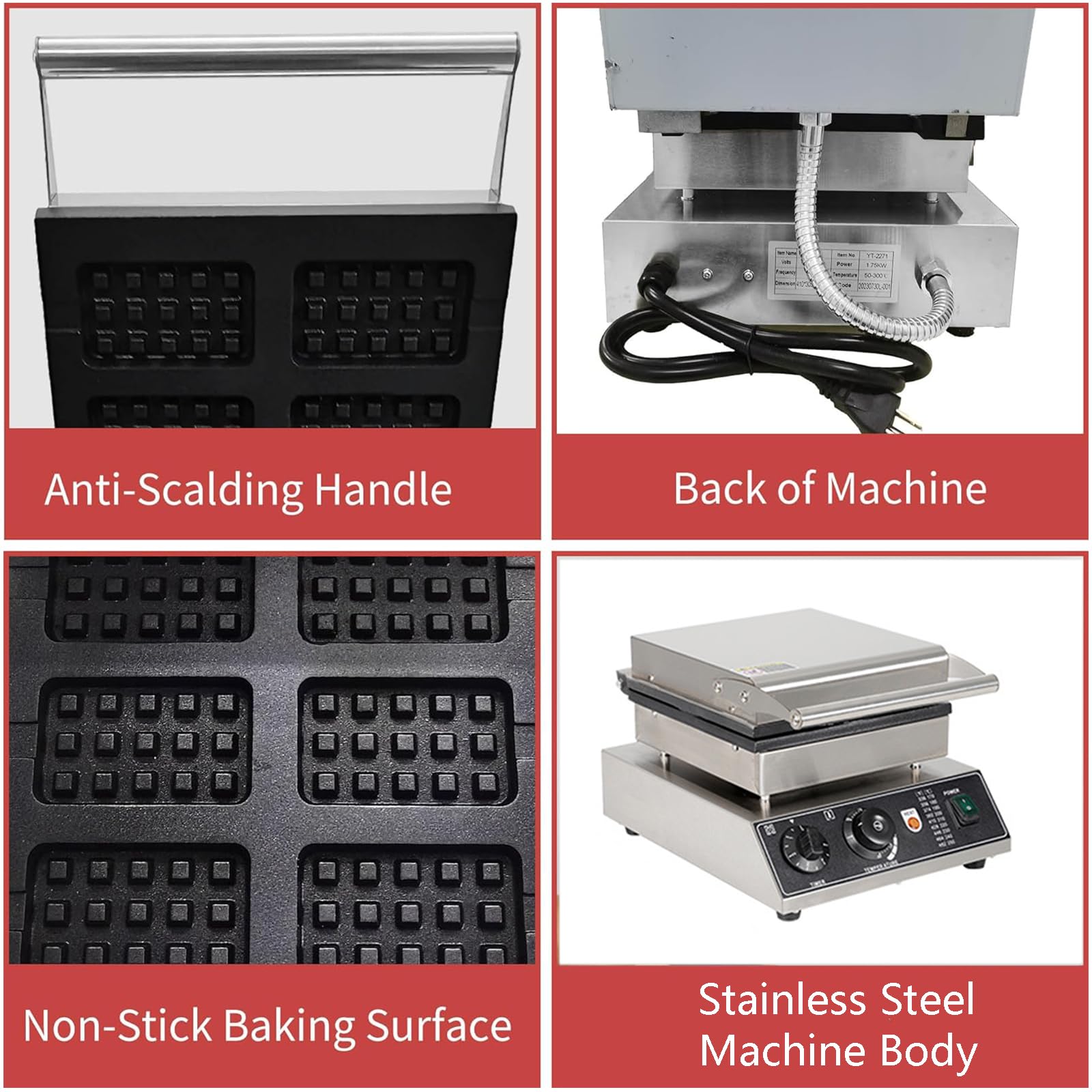 Máquina para Hacer Gofres Comercial, 1750 W 6 Piezas Gofres Belgas Antiadherente con Control De Temperatura y Tiempo, Eléctrica Waffle Maker para Restaurante,Hotel,Fiesta,Cafeterías