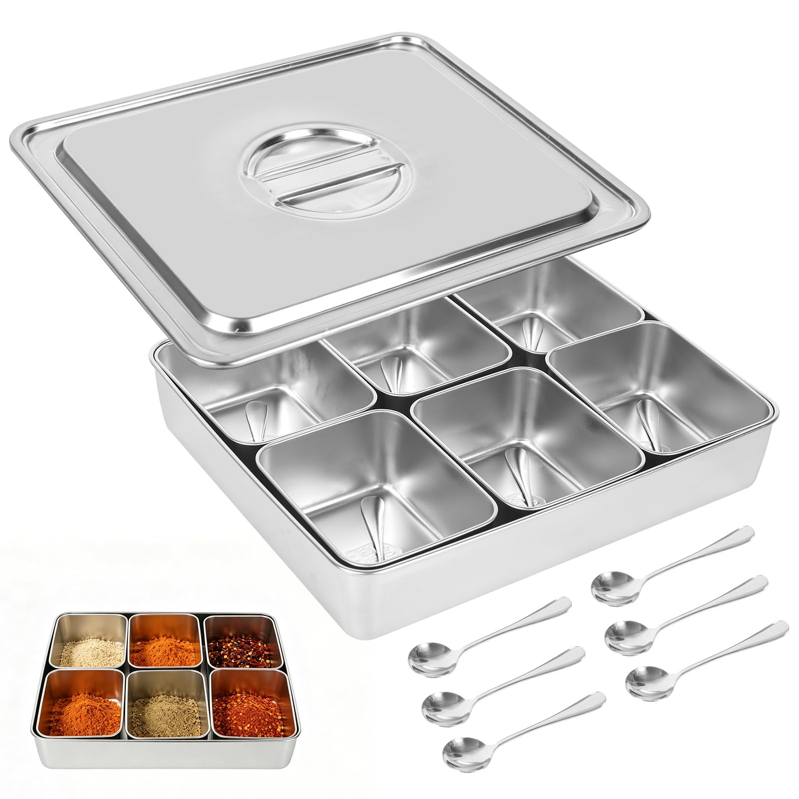 Masala Dabba 304 Stainless Steel, 6 Grids Spice Box with Lid, Pizza Topping Station with Spoons, Seasoning Jars with Removable Compartments, Spice Organiser for Salt Sugar Snacks Fruits (6-Grid)