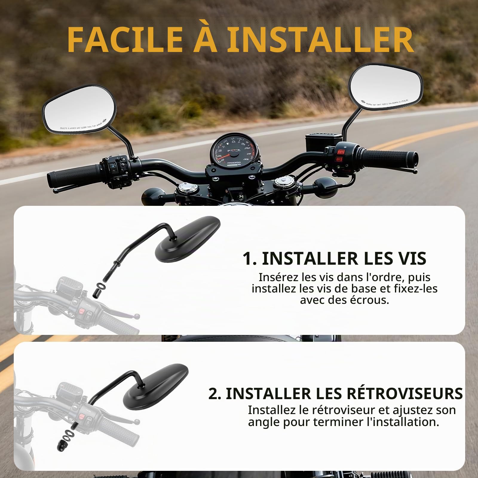 DREAMIZER 8mm noir Rétroviseurs Moto de Guidon aile pour Dyna Super Glide Street Glide Road Glide Softail