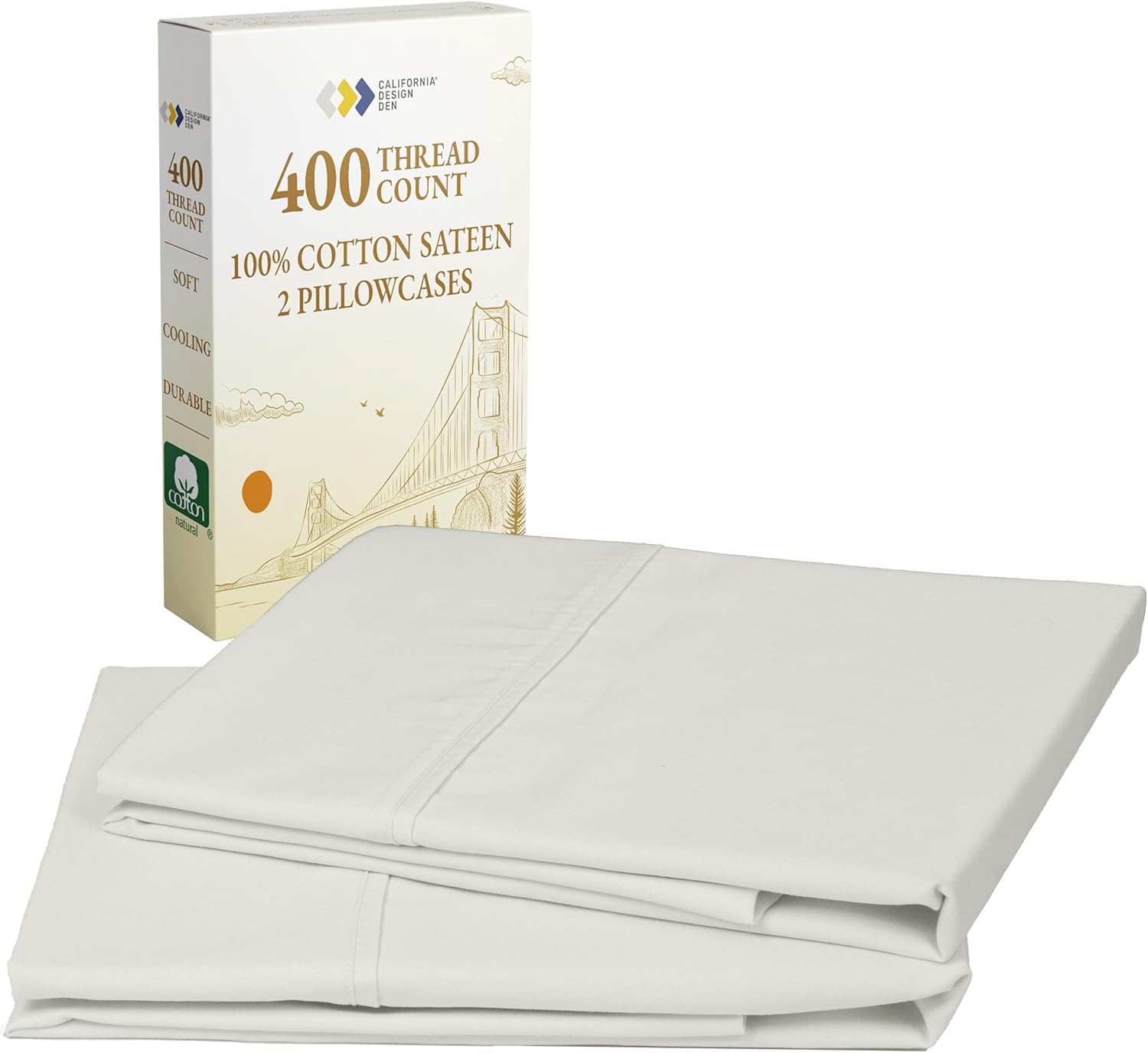 California Design Den King Size Pillowcase Set - 400 Thread Count, 100% Cotton Sateen, Luxury Set of 2 Pillow Covers, Breathable, Cooling, Soft for Comfortable Quality Sleep - Ivory (Pale Tone) King 04 - Ivory (Pale Tone)