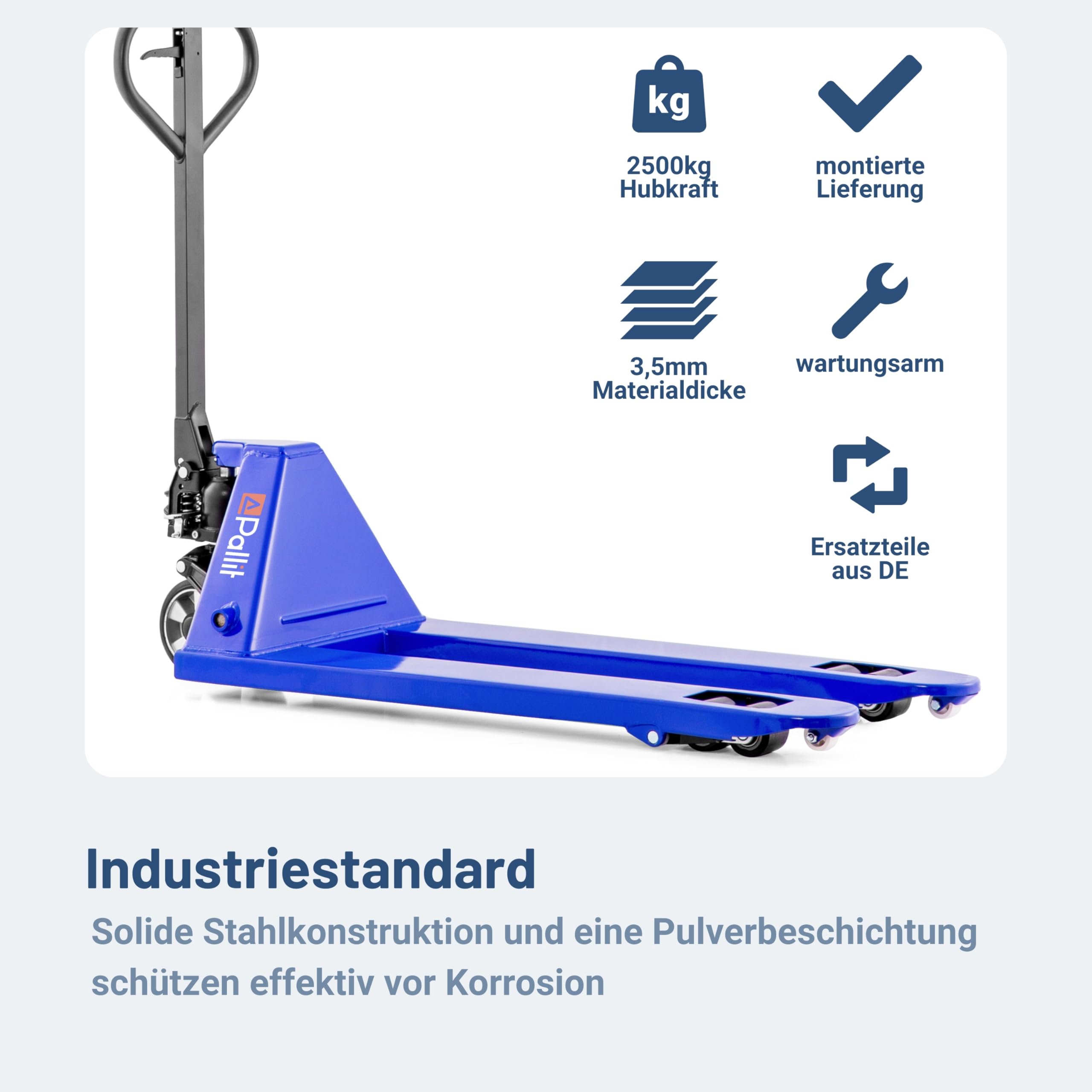 Pallit Hubwagen 2500 kg aus Stahl 1150 mm Gabellänge Five-R Gummirollen Gabelhubwagen Handhubwagen Palettenwagen Blau
