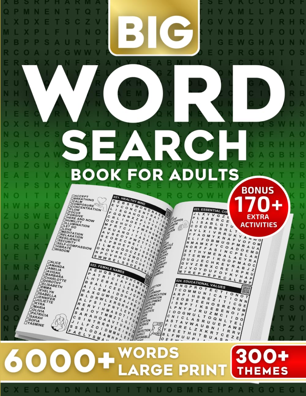 Word Search Book for Adults Large Print: 300+ Themed Puzzles with 6000+ Words – Fun Word Games for Adults, Seniors and Teens.