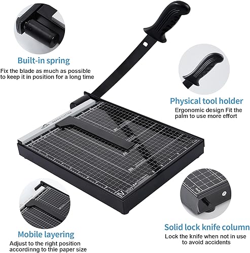 Miniatura 4 de Guillotina de corte de papel, tabla de cortar de papel de 12 pulgadas, capacidad de 12 hojas, base de metal resistente, barras guía de papel duales,