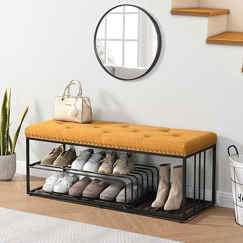 Miniatura 9 de FERFALDER Banco tapizado para almacenamiento de zapatos, banco otomano de lino con ribete de clavos, con zapatero para extremo de cama, entrada,