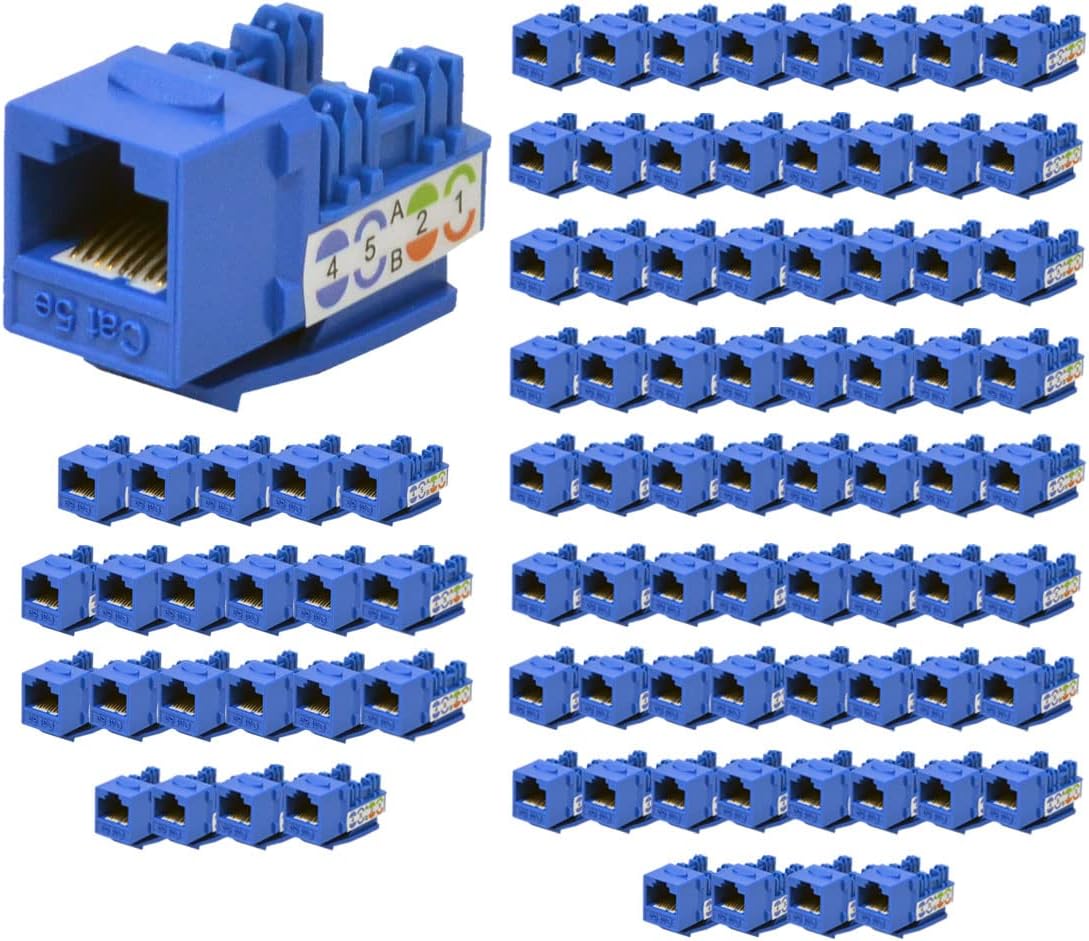 Best 100 Pack Cat5e Keystone Ethernet Network Jack Punch Down 45 Degree Blue 110 8P8C RJ45