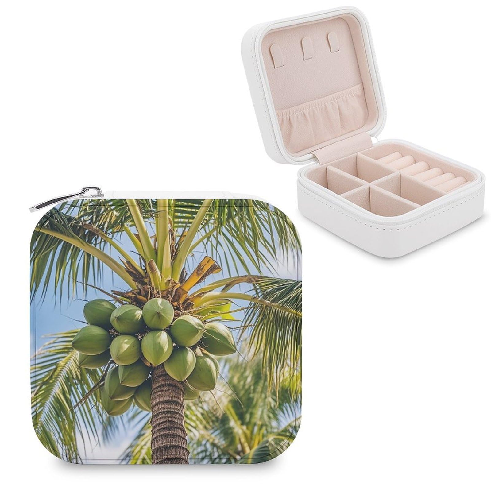 FekiLoot Coconut Tree Travel Jewelry Box Small Jewelry Organizer Storage Case Portable PU Leather Mini Jewellry Travel Case Necklace Ring Storage Organizer Gift for Women