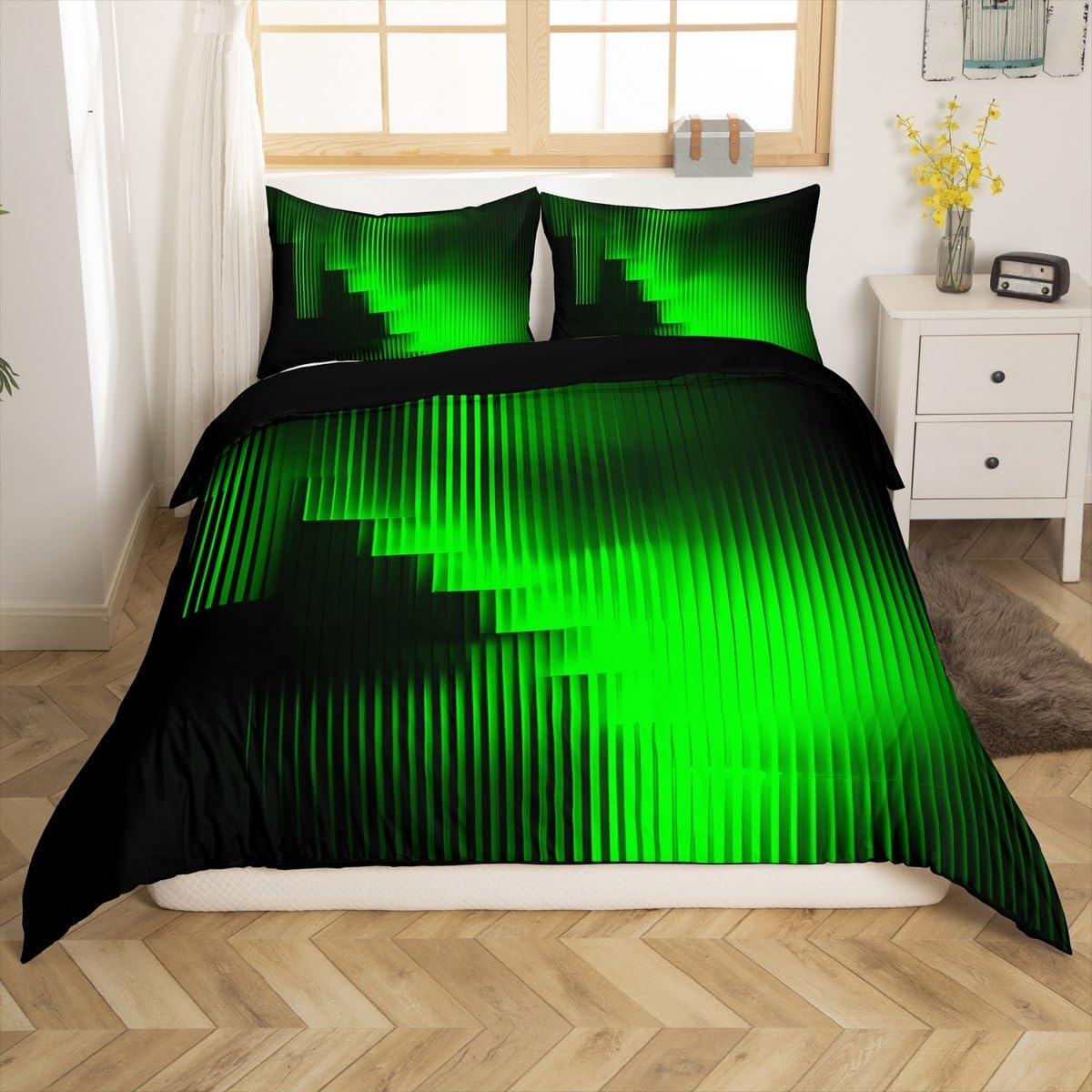 jejeloiu Green Abstract Bedding Set Toddler Size Kids, Geometric Comforter Cover for Boys Girls, Modern Art Duvet Cover Soft Lightweight Microfiber,No Stuffing