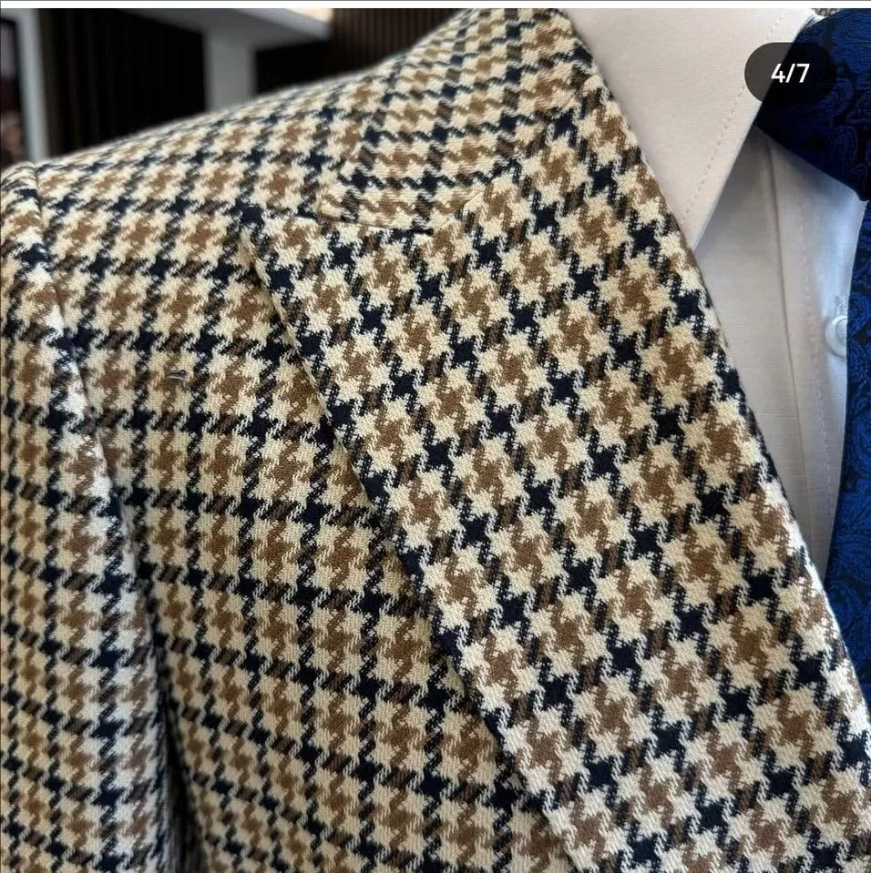 Premium Mens Houndstooth Dogstooth Tweed Plaid Slim Fit Jacket Prom Wedding Suit2
