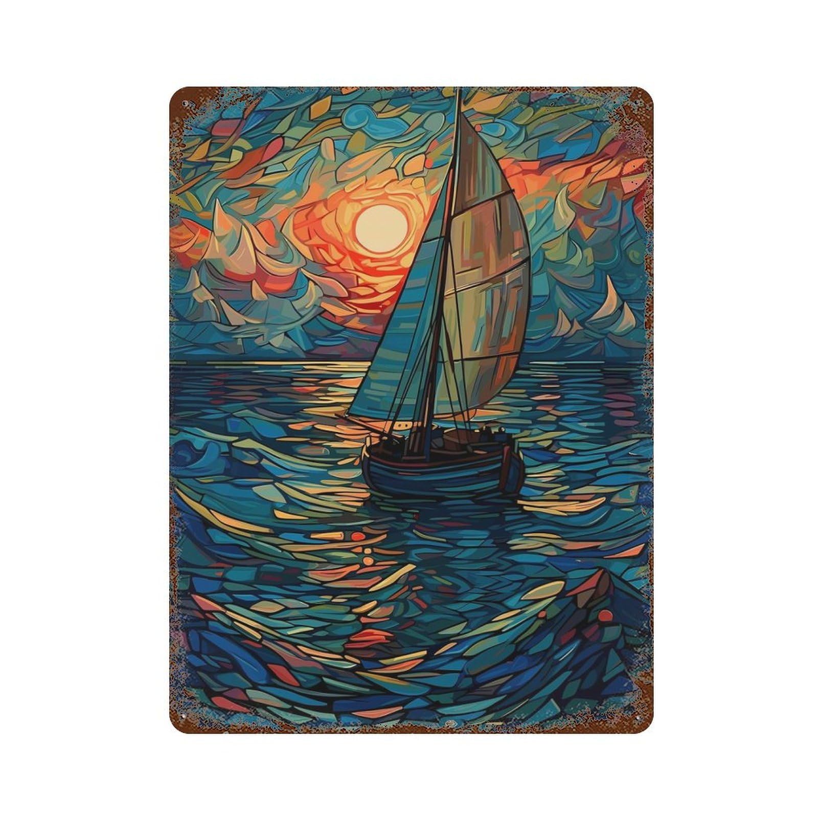 Aged Metal Wall Plaque with Sailboat at Sunset, Stained Glass Style Design 15.7"x11.8", for Cafe, Home Bar And Lounge Decor, Novelty Wall Decor