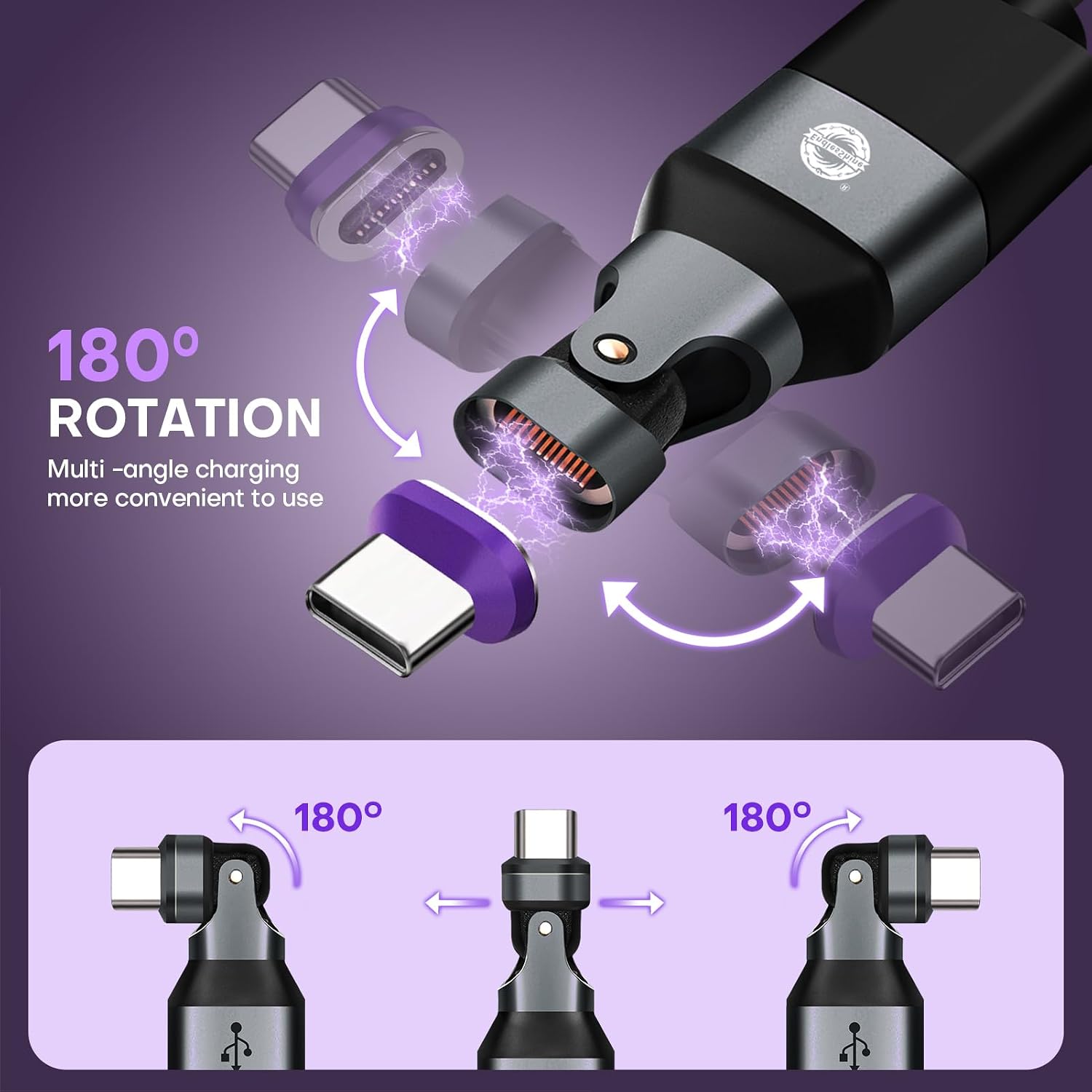 Magnetic USB A to USB C Adapter, 16-Pin 180° Rotation Swivel Right Angle image 2