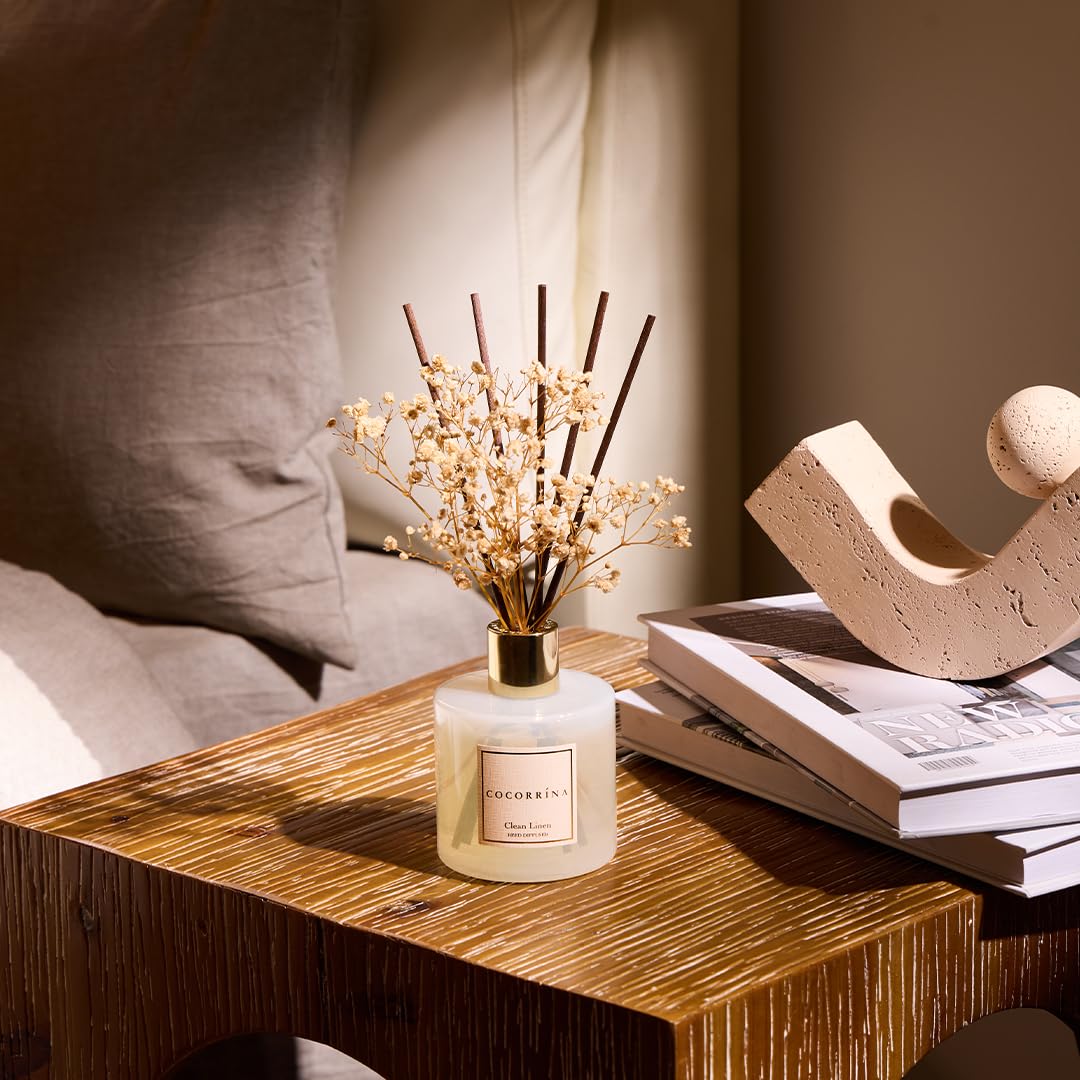COCORRÍNA Diffusore Profumo Ambiente 200ml con Bastoncini, Clean Linen, 2 Pack, Diffusore di Olio Essenziale di Fragranza per la Casa per la Decorazione della Mensola del Bagno