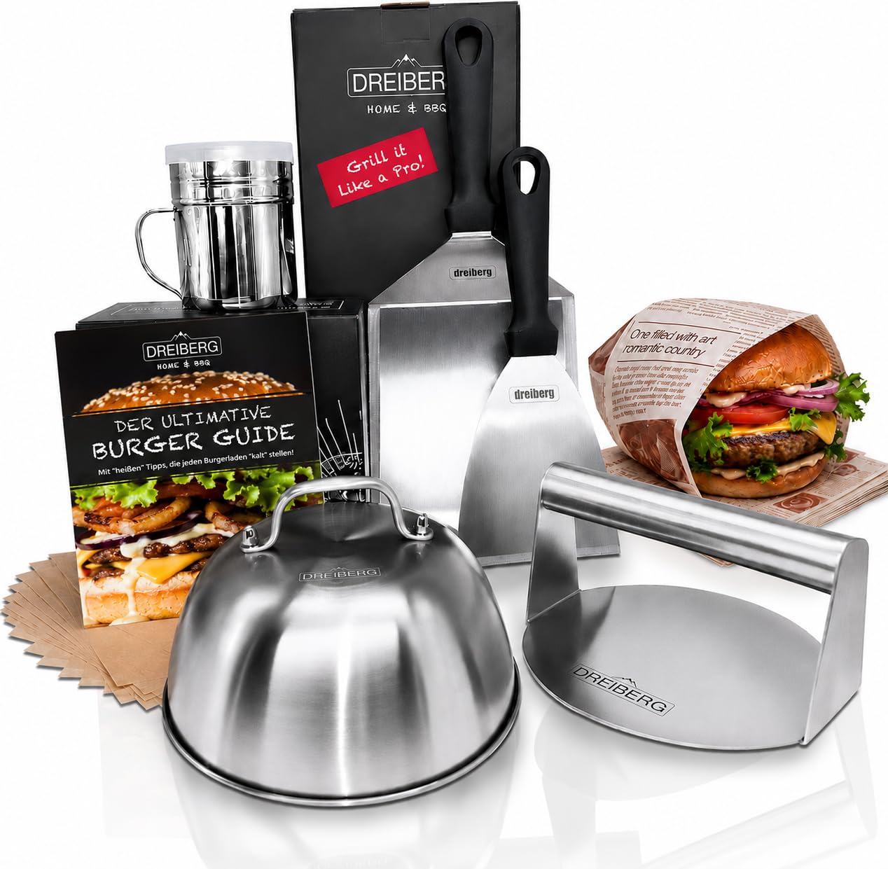 DREIBERG® Smash Hamburger Set in acciaio inox per plancha, barbecue a gas, teppanyaki con spatola per barbecue, carta hamburger, campana da scioglimento, pressa per barbecue, spargere spezie e