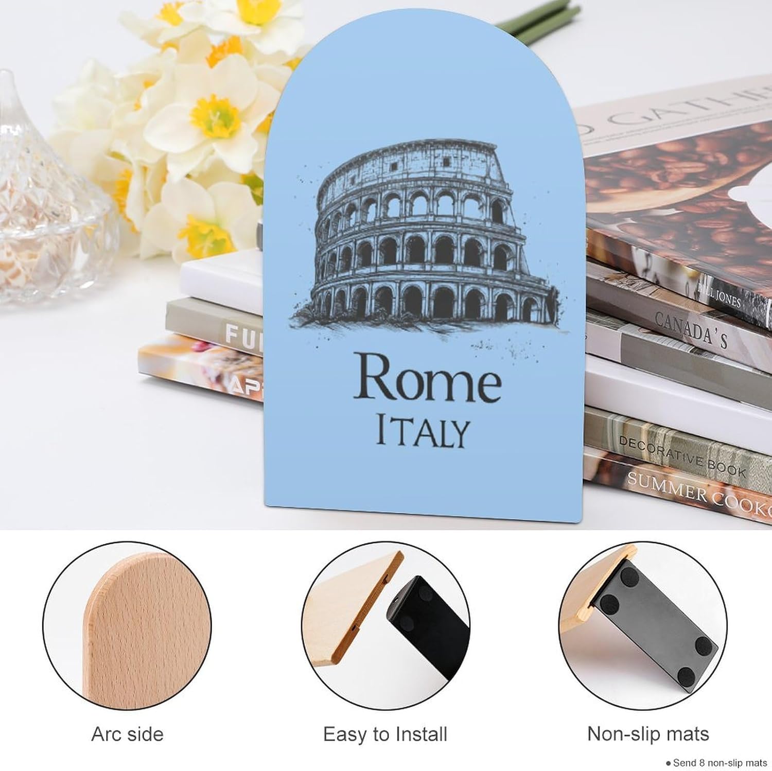 Italy Rome Cute Wood Book Ends Decorative Bookends 1 Pair Non-Skid for Shelves Home Office 7 X 5 Inch