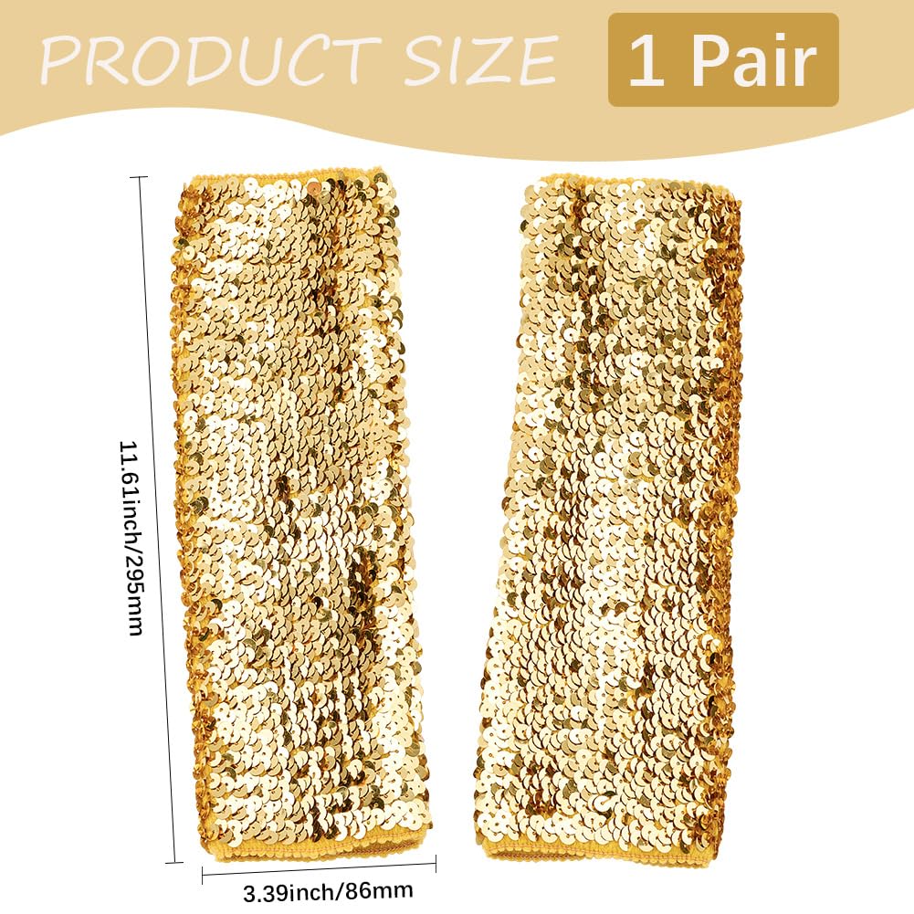 CABODYALS 1 Pair Gold Sequin Long Gloves Glitter Metallic Sequins Elastic Fingerless Glove Shiny Sparkly Stretchy Oversleeves Rave Arm Sleeves Bulk for Women Evening Party Cosplay Dance Accessories - Image 2