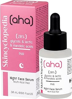 Skincyclopedia AHA Exfoliating Night Serum with 20% Lactic, Glycolic and Mandelic Acid and PHA - Chemical Peel Solution for Spots, Hyperpigmentation, Acne Scars and Pores - for Men and Women, 30ml