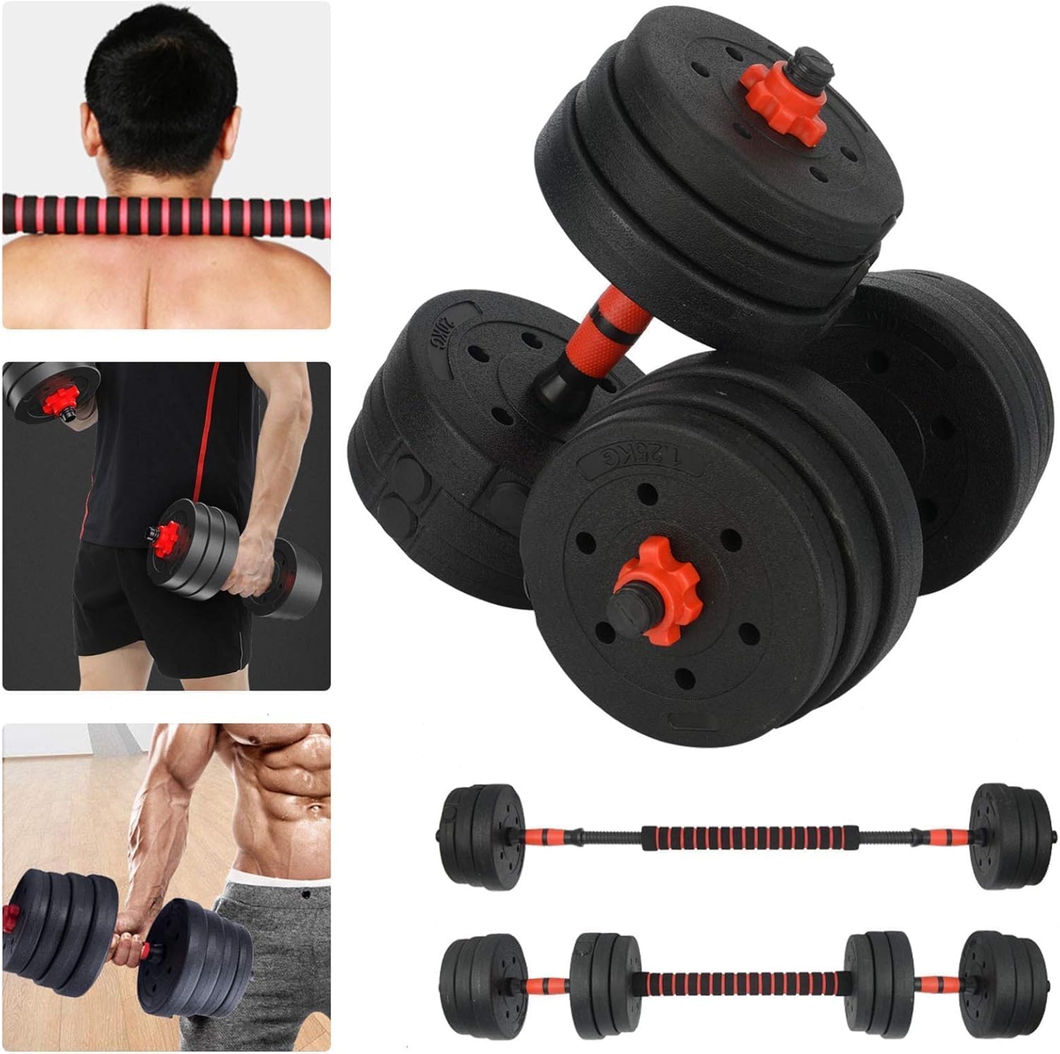 Verstellbares Hantelset 15kg / 20kg / 30kg – 2-in-1 Kurzhantel & Langhantel Set mit Verbindungsstange, Gewichtsscheiben & Anti-Rutsch Griffen, Dumbbell Set