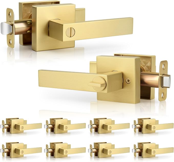 Gold Door Handles Without Key10 Pack Bulk，Brushed Gold Privacy Door Handle, Square Gold Bathroom Door Handles, Heavy Duty Satin Brass Front Door Handle for Closet/Bathroom