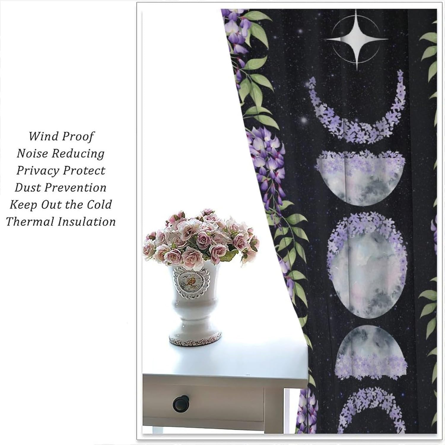 Moon Flower Blackout Curtains Farmhouse Starry Sky Bohemian Purple Vines Moon Phase Flowers Windows Treatments Rod Pocket Drapes for Girls Living Room Bedroom Kitchen 42x45in