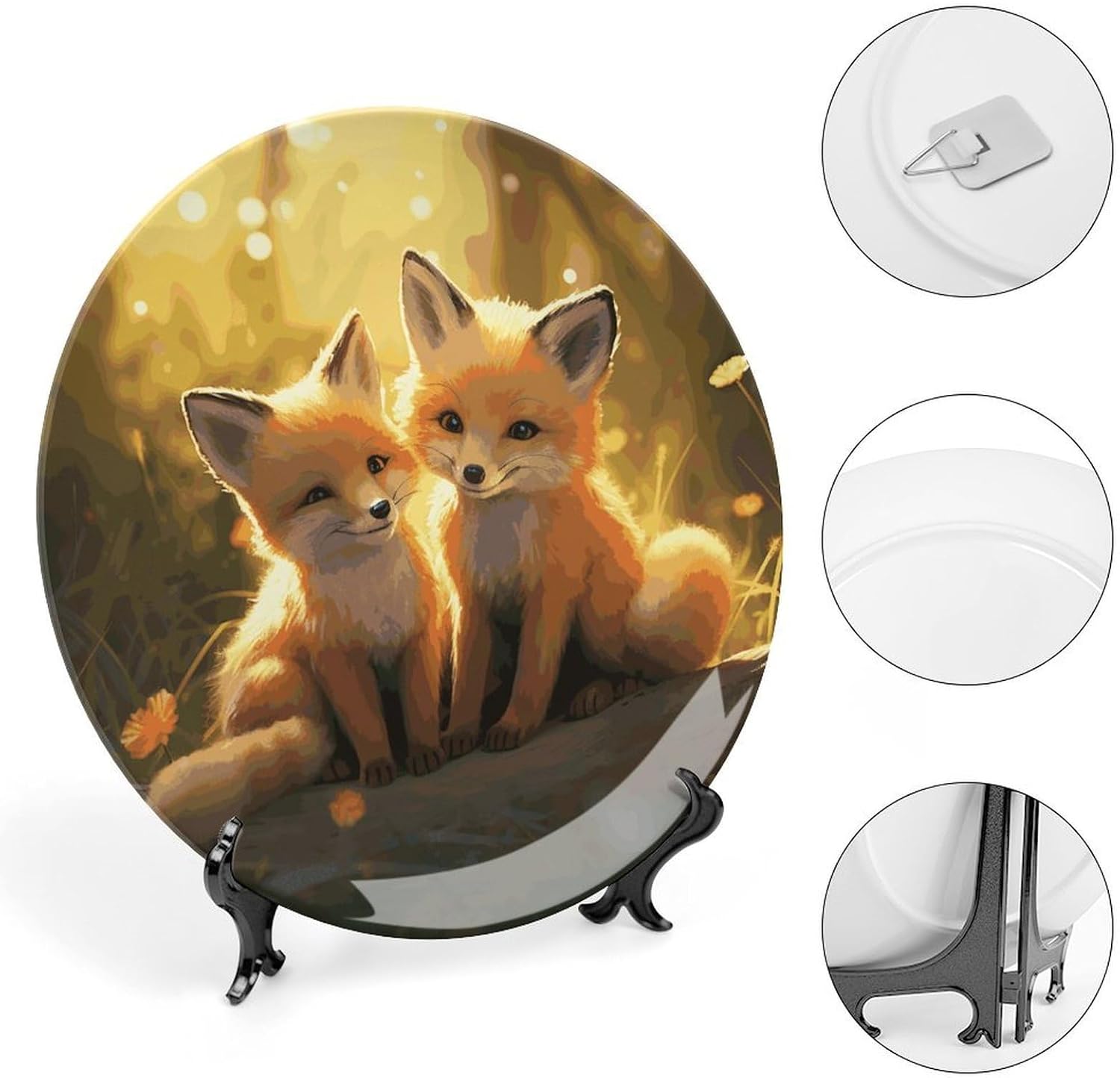 Cute Foxes Ceramic Plate 10inch Decorative Bone China Wall Hanging Ornament Plates Bohemian Style Dinner Plate with Display Stand Cabinet Display Plates for Home Art Decor