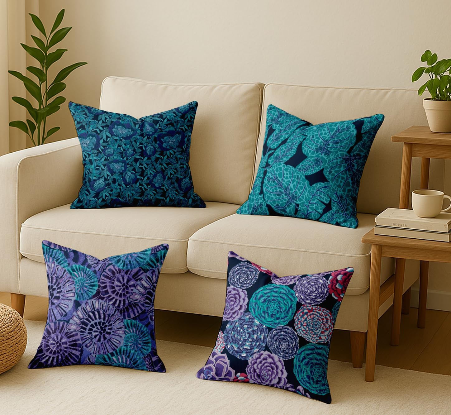 Turquoise Cotton Cushion Covers Set of 4, 16x16 Inch, Dual-Sided Print, Hidden Zipper Closure - Floral Print