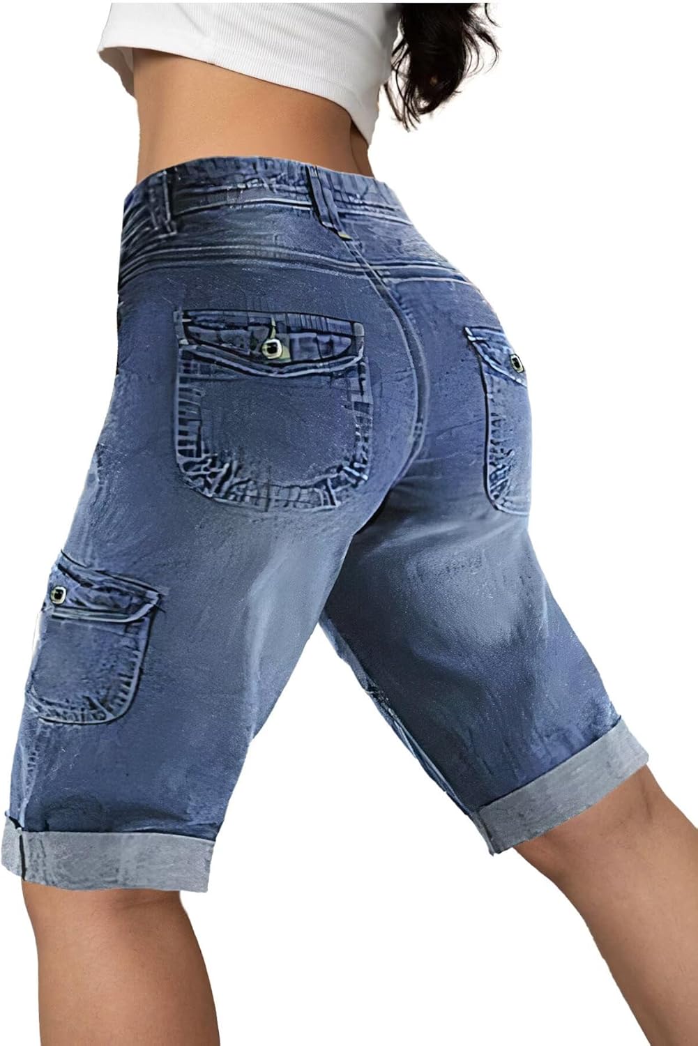 Flamingals Women's Bermuda Denim Straight Leg Shorts with Flap Pockets Mid Waist Casual Shorts Roll Hem