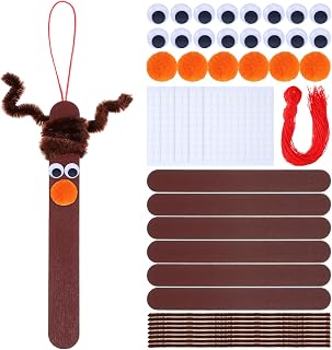 Halloscume 48 Sets Christmas Stick Ornament Craft Kit Bulk DIY Reindeer Hanging Wooden Strips Christmas Crafts Ornaments for Kids Winter Art Party Decoration Classroom Home Activities