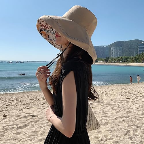 Miniatura 56 de Sombrero de sol de ala súper ancha para mujer, de algodón, plegable, reversible, con borde con cable, protección UV, verano, playa, viajes, jardín