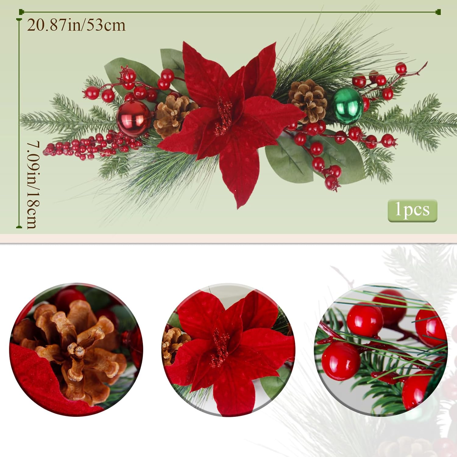 Artificial Christmas Swags for Front Door Xmas Door Swags Red Berries Pine Cones Poinsettia and Christmas Balls Swag Wreath for Outdoor Wall Lintel Mailbox Mantels Stair Hanging Decor