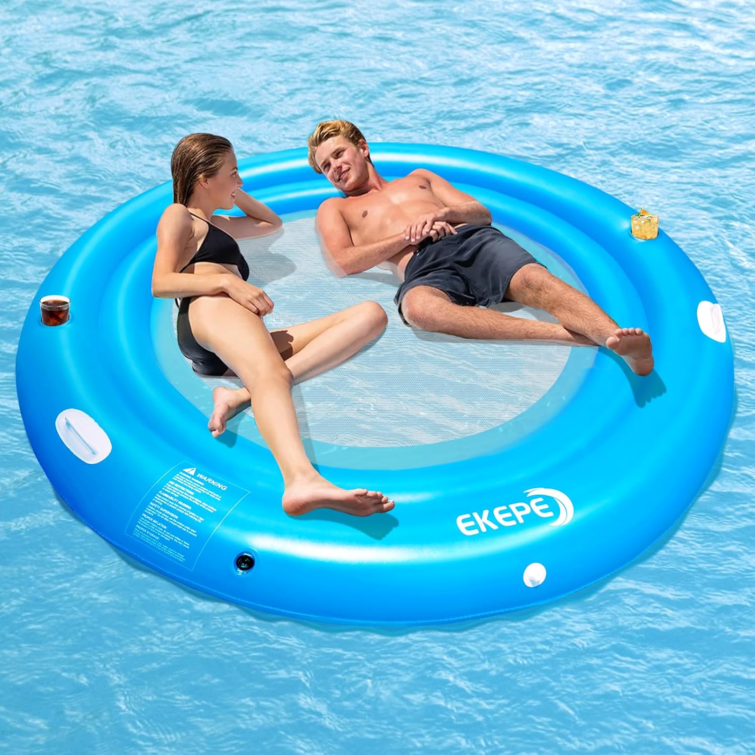 Round Inflatable Water Hammock, 7ft Heavy Duty Tanning Pool Lounger Sunchill Float Ring, Adults Inflatable Floating Dock for Pool, Lakes, Oceans, Summer Party