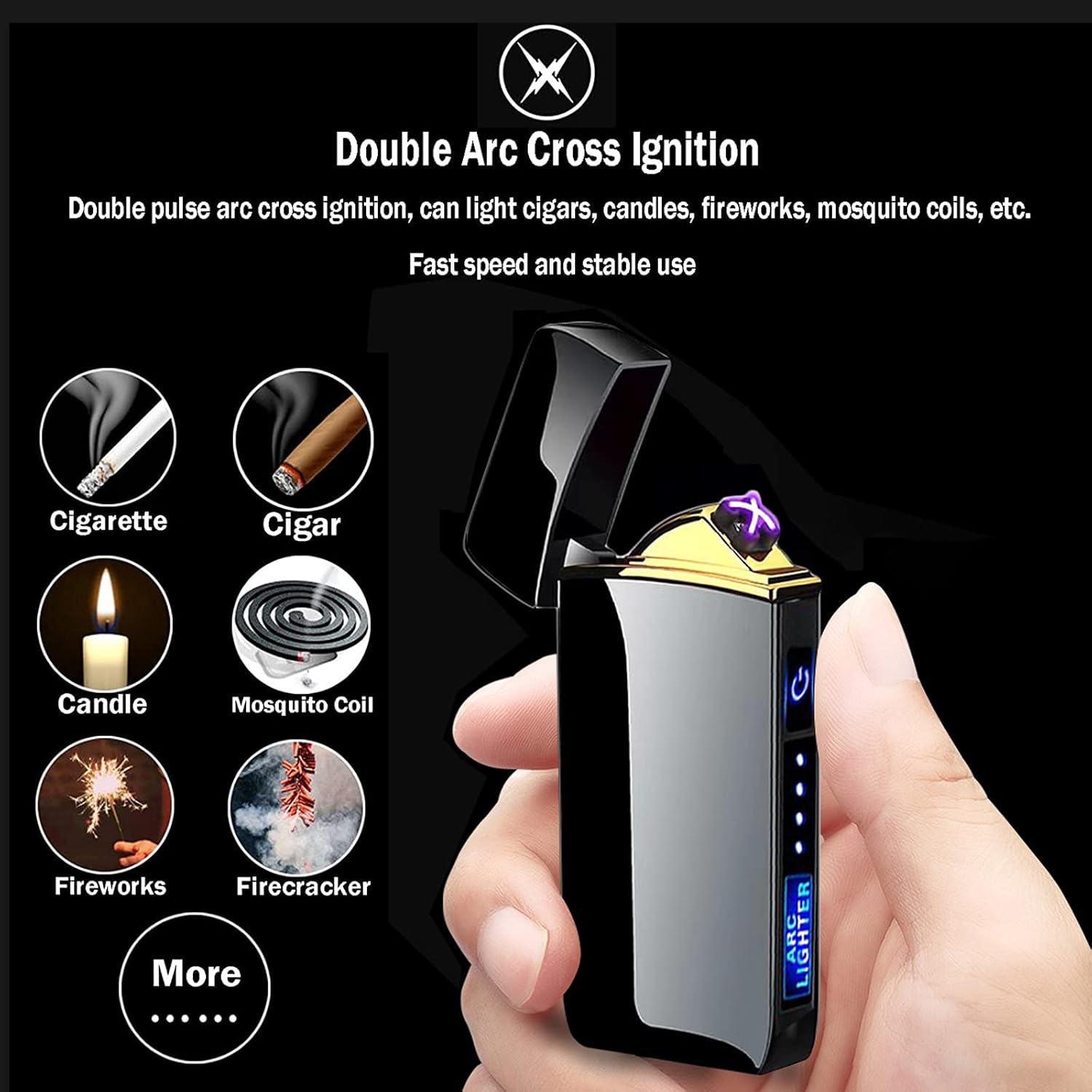 ZOIPPDMS T3-Tiger Arc Lighter igniting various items like cigarettes, candles, and fireworks