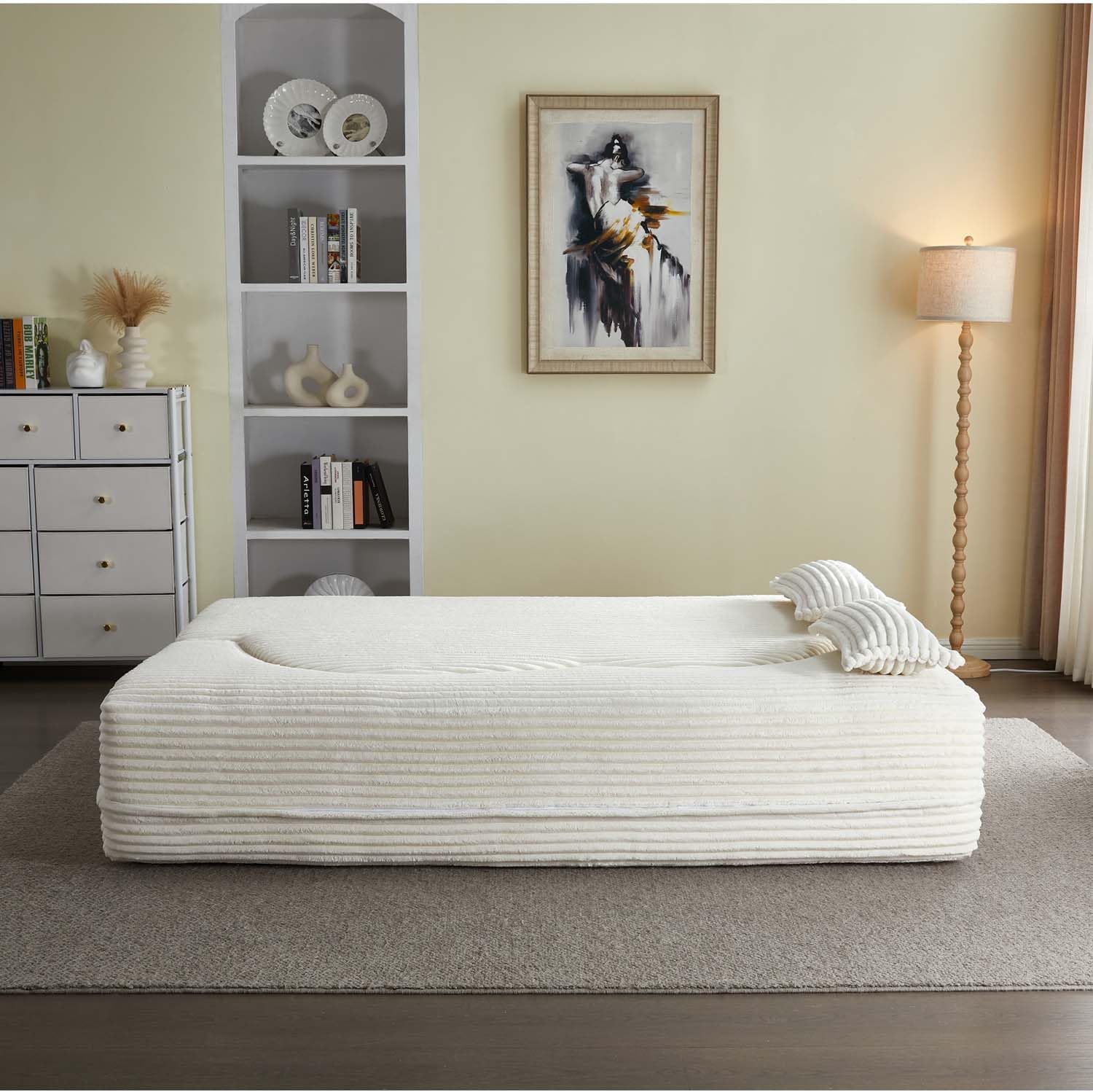 Full Size Convertible Sofa Bed, Floor Boneless Couch with 2 Pillows, Corduroy Fabric Foam-Filled Futon Loveseat Sleeper for Living Room & Bedroom (Beige/White, Corduroy)