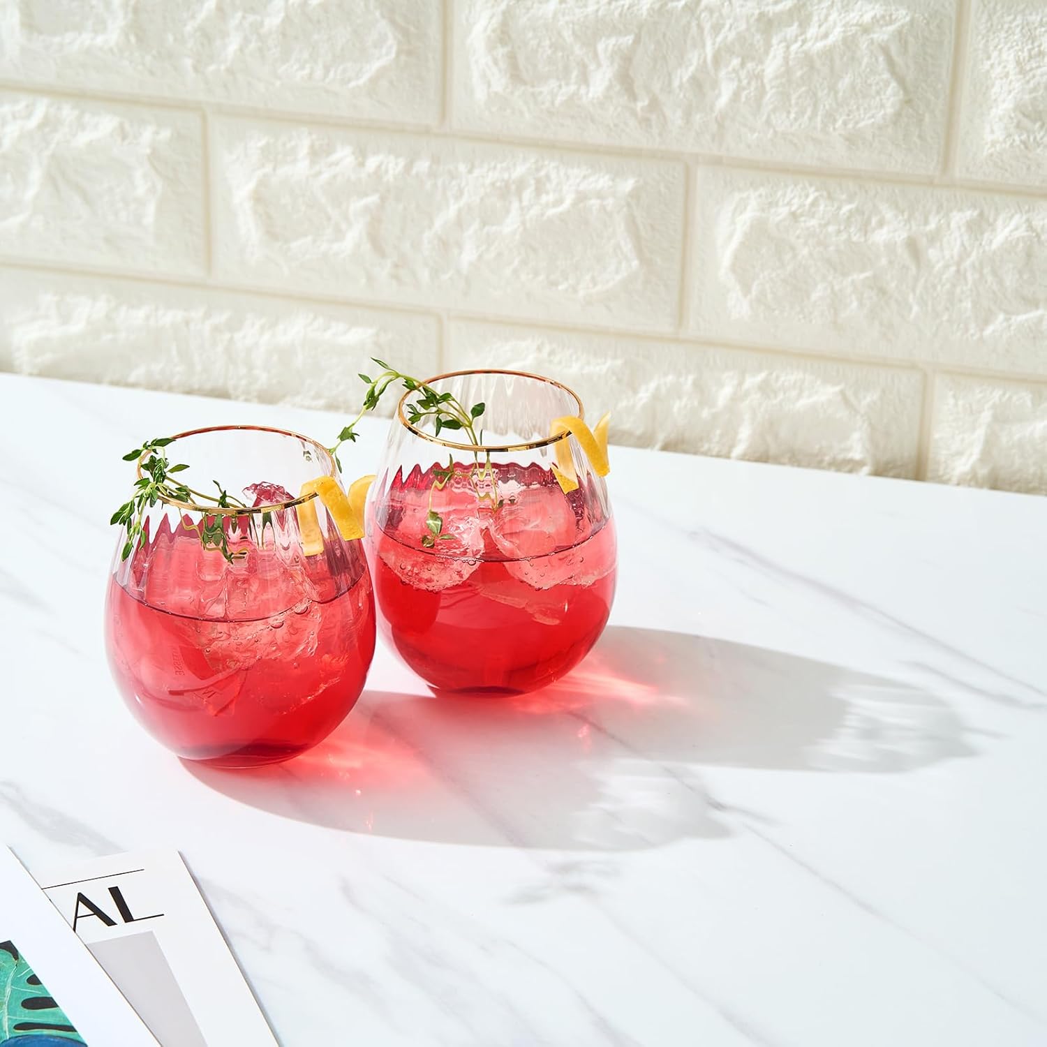 Khen Blush Red Large Wine Glassware | Set of 2 | Gold Rim Waterfall Balloon Shaped Glasses, Ripple Vibrant Ombre Color For Cocktails & Wine, Stemmed Vintage Gold Crystal Glass (14 OZ) - Image 6