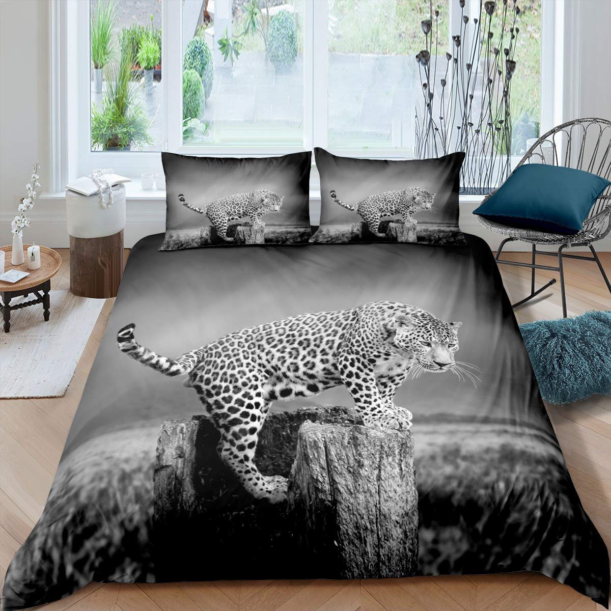Parure de lit léopard et housse de couette faune sauvage grise 3D ado