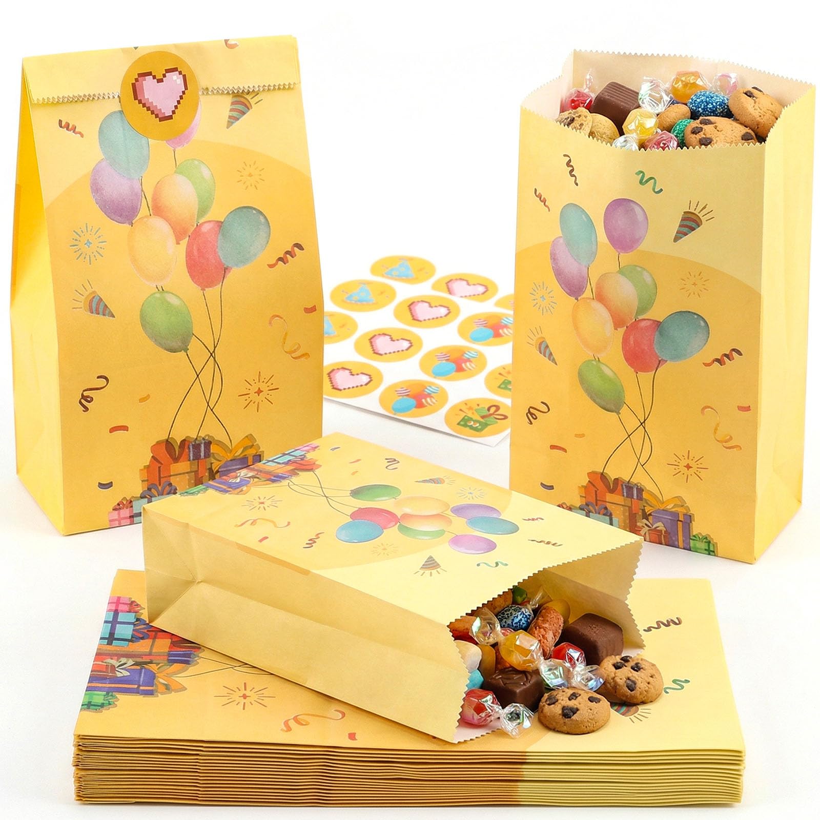 VGOODALL 36 Pack Birthday Party Favor Bags with Stickers - 8.7"x4.7"x3.1" Festive Balloon & Gift Box Goodie Bags, Colorful Celebration for Kids