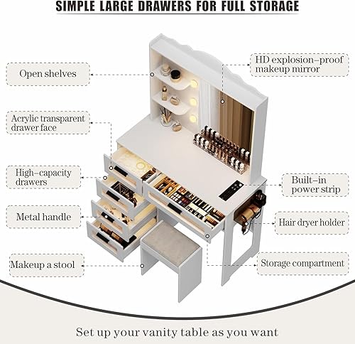 Miniatura 5 de HWB Escritorio de maquillaje con espejo y luces, mesa de tocador con 5 cajones y 2 estantes, juego de tocador para dormitorio, tocador con 10