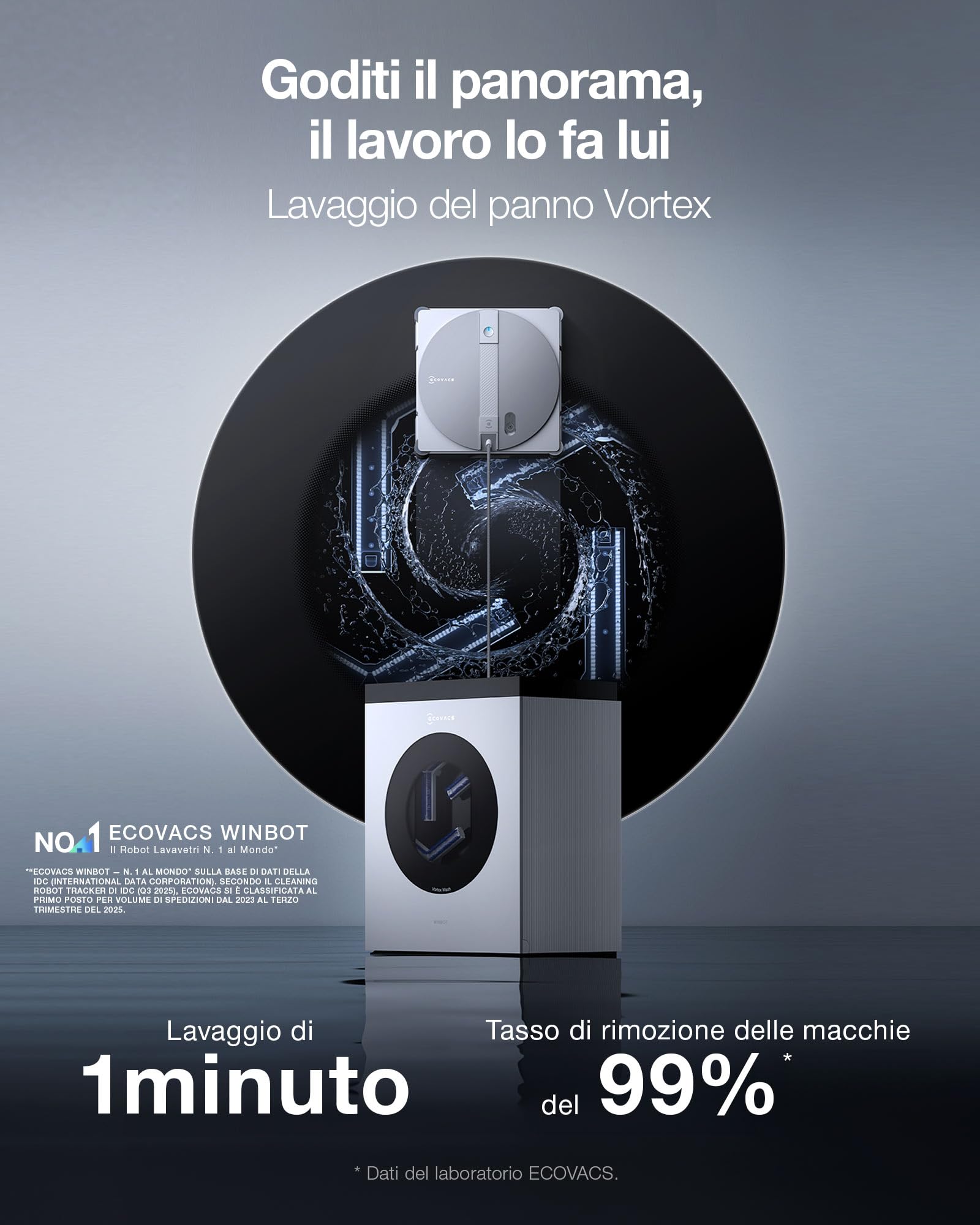 ECOVACS WINBOT W3 OMNI Robot Lavavetri con Stazione Multifunzione, Lavaggio Automatico del Panno, Pulizia Intelligente fino al Bordo, Nebulizzazione a Triplo Ugello, Controllo tramite App