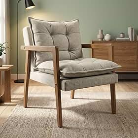 Poltrona em Madeira Maciça Confortável Sala de Estar para Sala com Design Elegante Estilo Retrô Estofado tecido linho Estrutura em Madeira Natural Design Elegante e Confortável MOBLAN decor (CINZA)