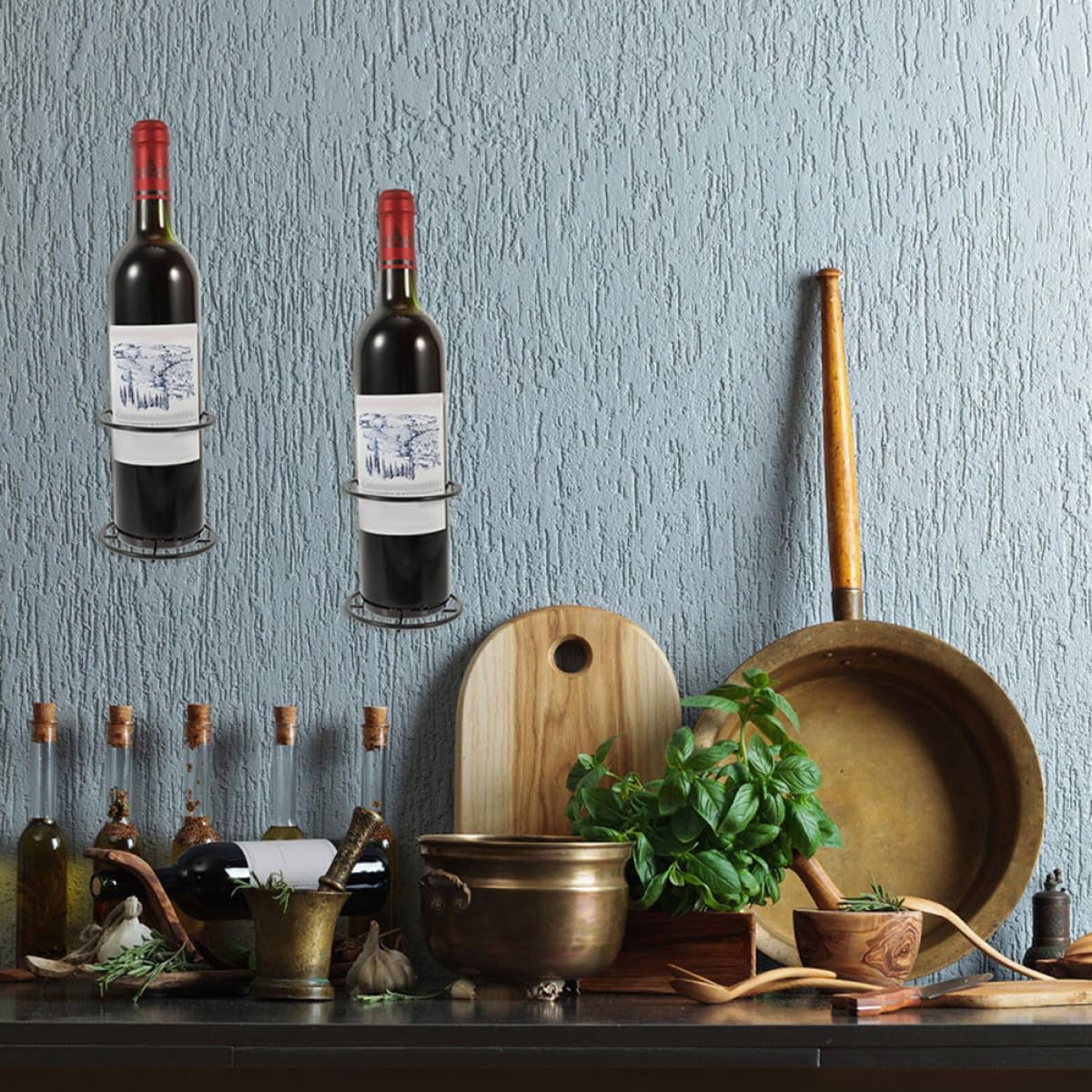 Wakauto Wall Mounted Wine Rack Metal Wine Bottle Holder Black Iron Wall Display Rack for Home Bar Kitchen 8pcs Set