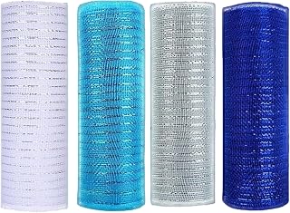 4Pcs Deco Mesh 10 Inch Rolls 10 Yards Deco Mesh Lake Blue Sapphire Blue White Silver Christmas Ribbon for Wedding Home Party Ribbon for Wreaths Inch Rolls