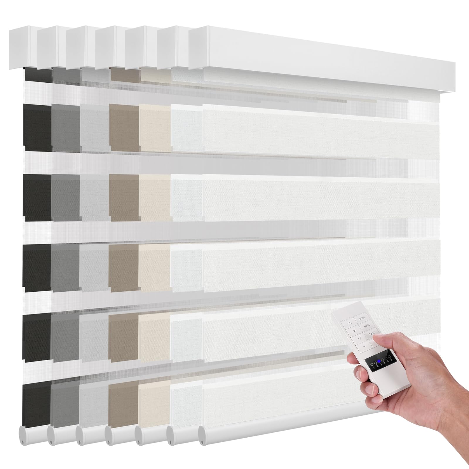 ACMEART Motorized Zebra Shades with Remote,Dual Layer Automatic Window Blinds,Light Filtering Electric Blinds for Home Office Custom Size (Solid White-95% Shading)