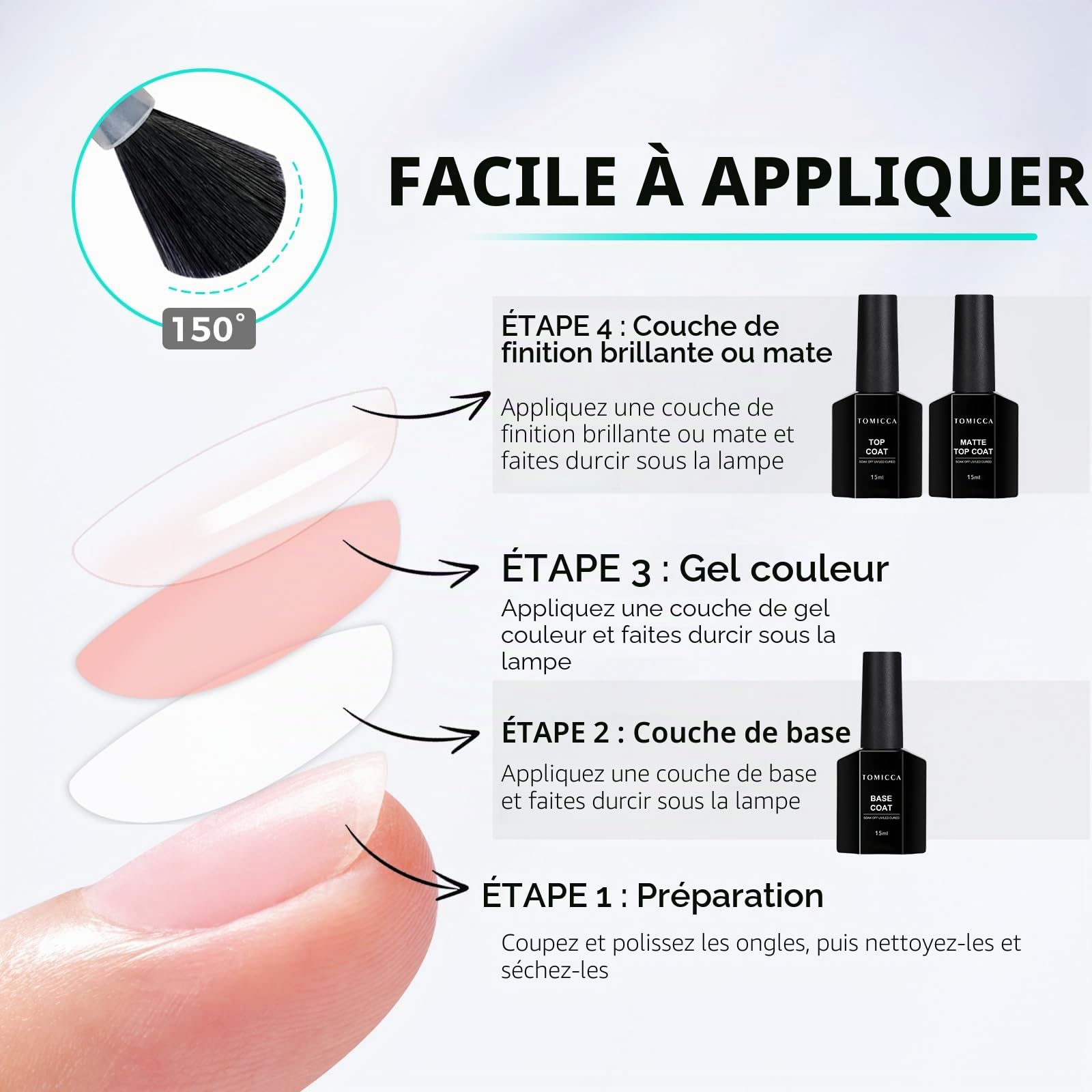 TOMICCA Base et Top Coat Vernis Semi Permanent, 2 * 15ML No Wipe Base Coat et Glossy Top Coat Set, Vernis à Ongles Gel UV/LED Soak-Off Pour Nail Art et Cadeaux Manucure