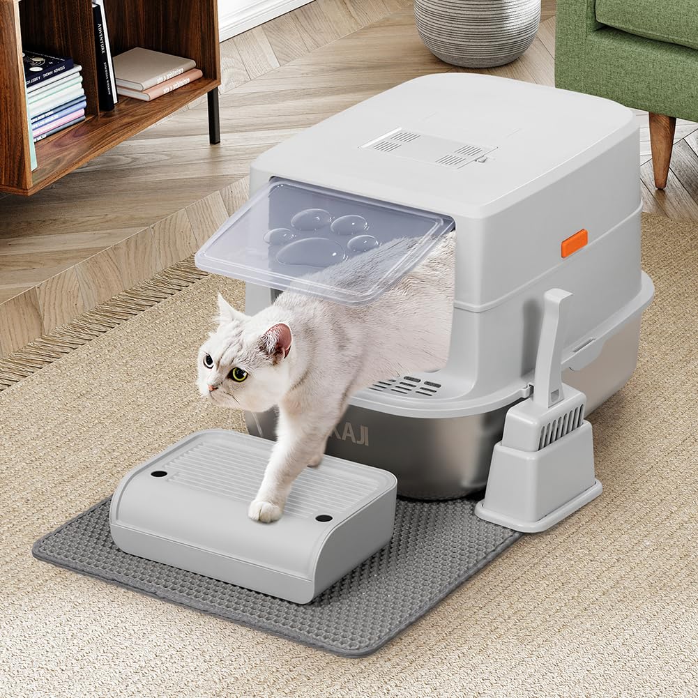 BAKAJI XXL Cat Litter Tray with Steel Base 36 Litres and Anti-Sand Platform, Carbon Filter Anti Odor, Transparent Door, Scoop with Container, Anti-Dirt Mat, 58 x 42 x 40 cm