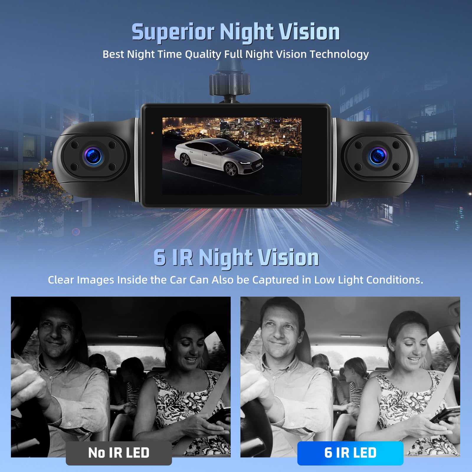 Caméra Embarquée 1080P, Caméra embarquée 4 Canaux Avant et arrière à l'intérieur, Dash Cam avec écran IPS 3 Pouces, Vision Nocturne WiFi, Capteur G, Enregistrement en Boucle + Carte TF 64 Go