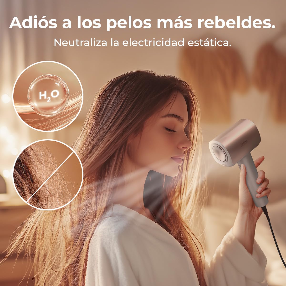 Cecotec Secador de Pelo Brushless de Última Generación DryGlam Nano Plasma Champagne. Potencia de 110,000 RPM y 1600W, Función de Plasma, Gran Flujo de Aire, Duradero, 3 Temperaturas y 3 Velocidades