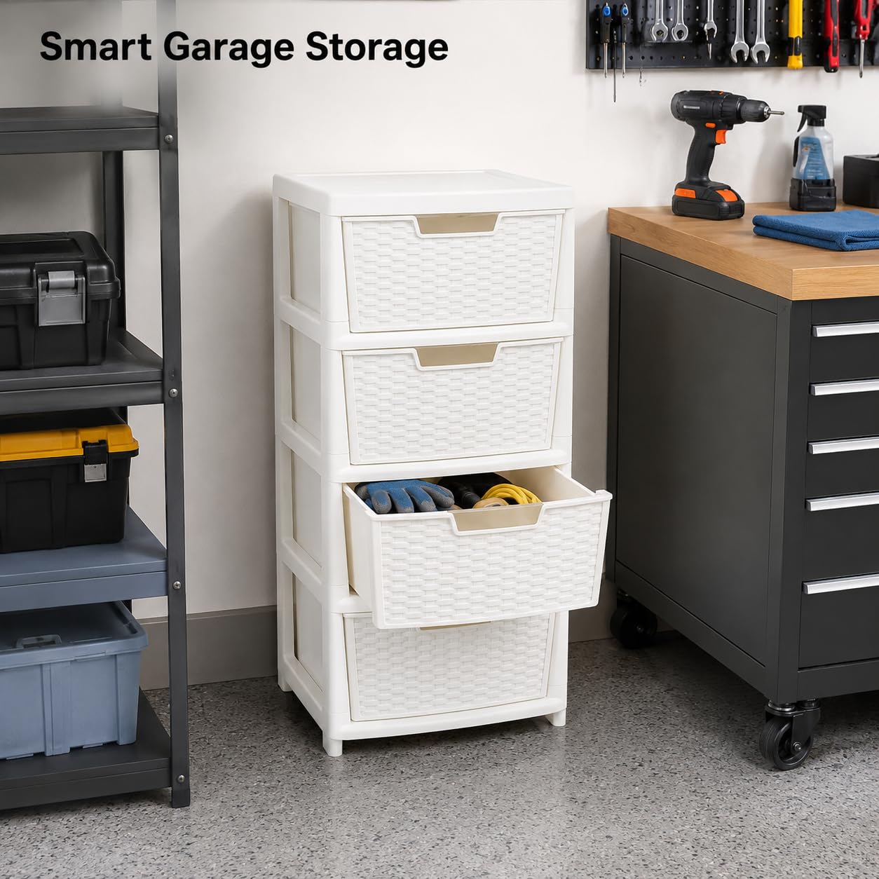 Kaanco Large Plastic Storage Drawers Rattan Effect Storage Unit Tower Space Saving Plastic Drawers for Bedroom Office Kitchen Laundry Bathroom Clothes Toy Home Organisation (4 Tier Rattan White) - Image 6