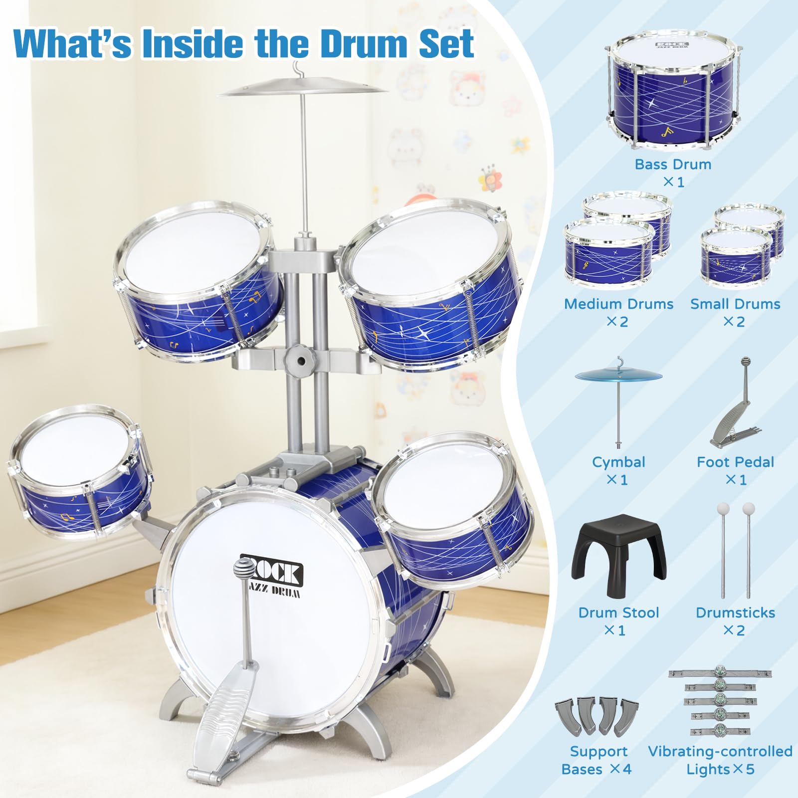 Set di batteria per bambini da 1 a 3 anni, kit di batteria jazz migliorato da 5 pezzi con sgabello, pedale per basso e piatto, strumento musicale a percussione per principianti, giocattolo regalo
