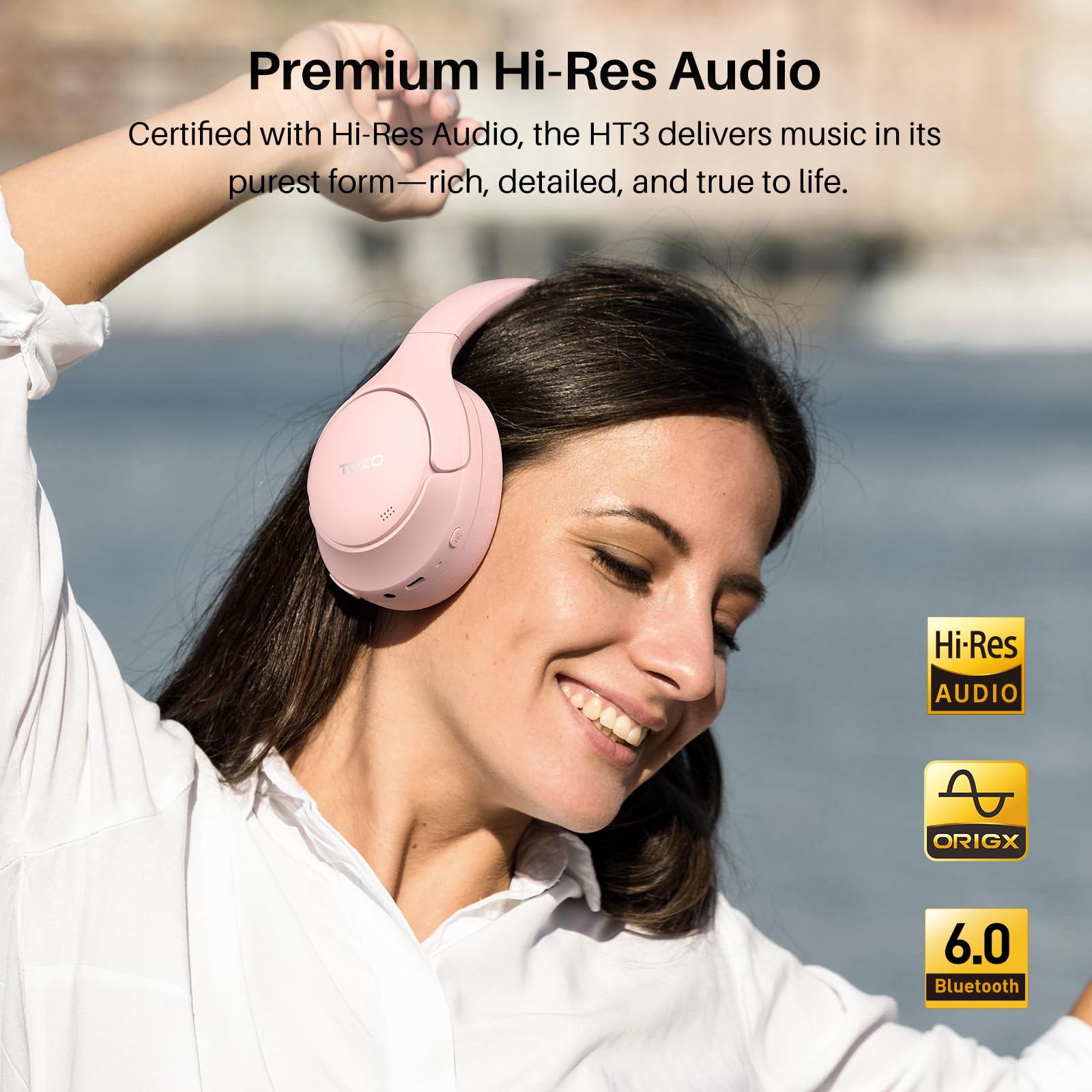 TOZO HT3 Słuchawki Bluetooth z hybrydowym ANC, 5 mikrofonów do wyraźnych połączeń, przestrzenny dźwięk Hi-Res, czas pracy 90 godzin, 32 EQ, połączenie wielopunktowe, składana konstrukcja z kablem 3,5